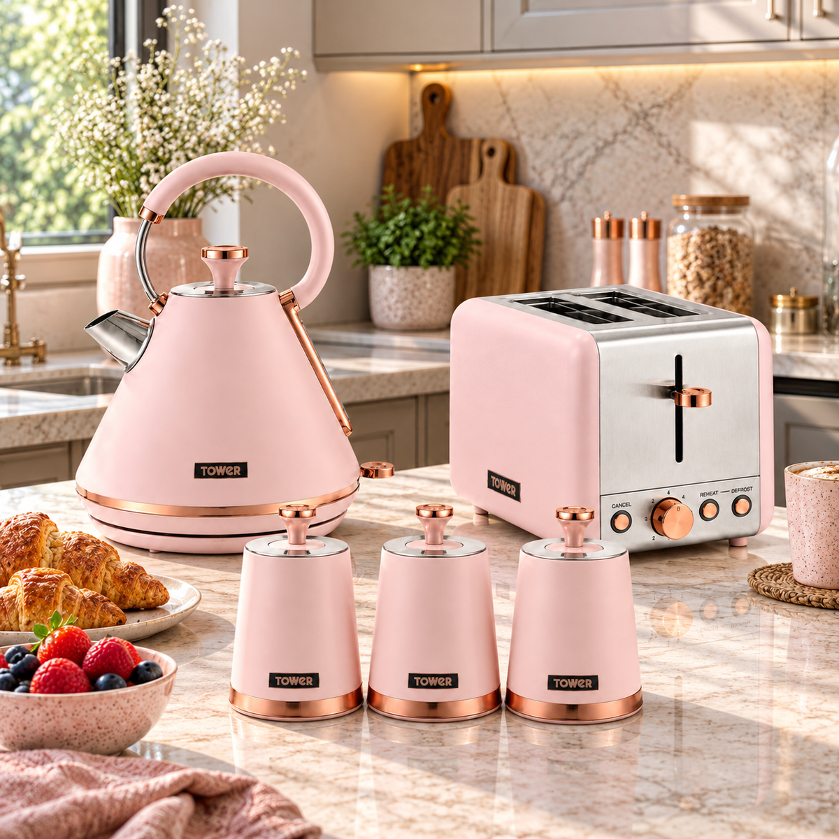 Tower Tower Cavaletto Pyramid Kettle, 2 Slice Toaster & Canisters Kitchen Set (Marshmallow Pink)