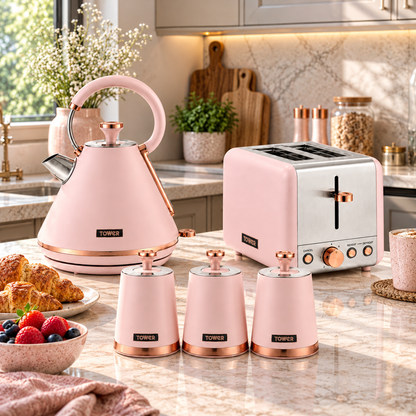 Tower Tower Cavaletto Pyramid Kettle, 2 Slice Toaster & Canisters Kitchen Set (Marshmallow Pink)