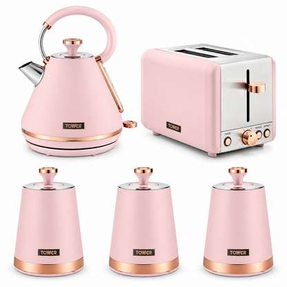 Tower Tower Cavaletto Pyramid Kettle & 2 Slice Toaster Kitchen Set (Marshmallow Pink)