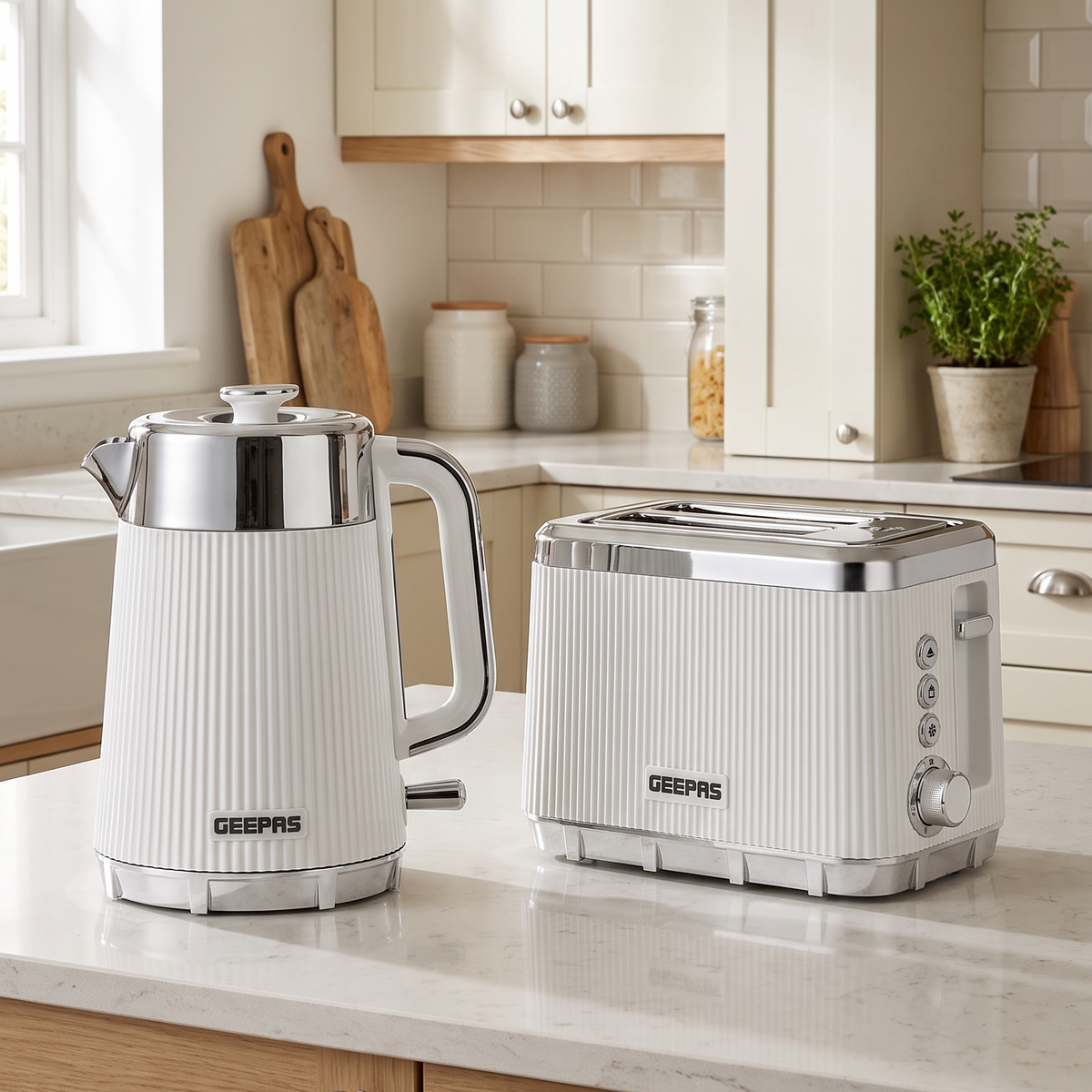 Geepas GEEPAS Arcus Kettle & 2 Slice Toaster Kitchen Set (White)