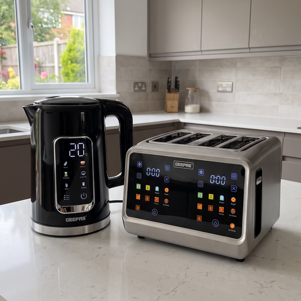 Geepas GEEPAS Digital Kettle & 5-in-1 Digital 4 Slice Extra-Wide Toaster GBT36569UK (Black/Silver)