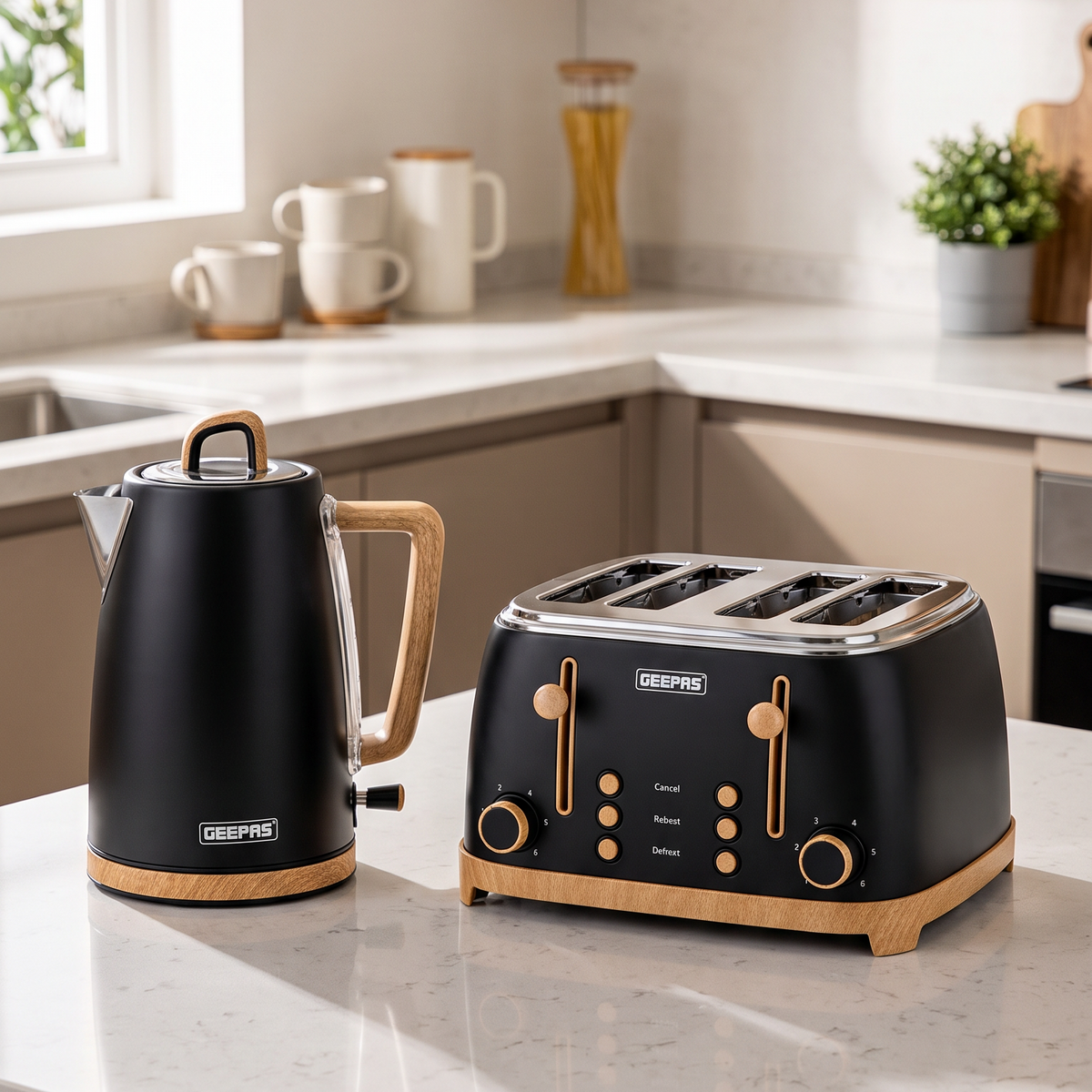 Geepas GEEPAS NordiQ Kettle & 4 Slice Toaster Kitchen Set (Black)