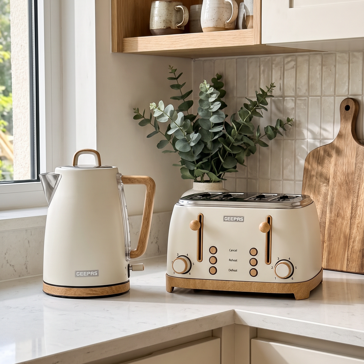 Geepas GEEPAS NordiQ Kettle & 4 Slice Toaster Kitchen Set (Cream)