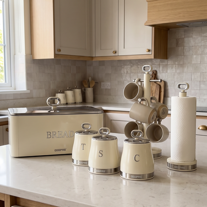 Geepas GEEPAS Retrovive Bread Bin, Canisters, Mug Tree & Towel Pole Set (Cream)
