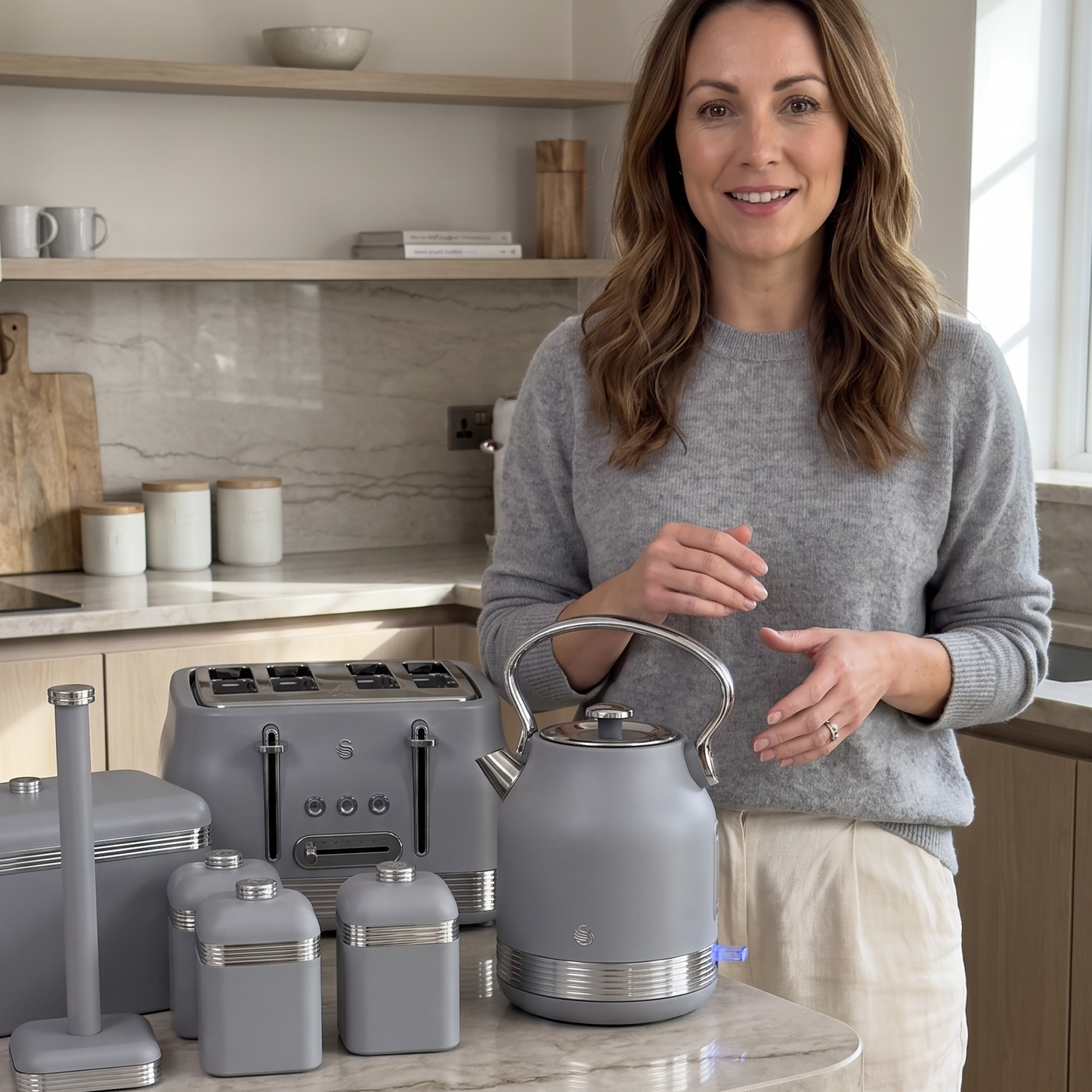 Swan Retro Pyramid Kettle, 4 Slice Toaster, Bread Bin, Canisters & Towel Pole Kitchen Set (Grey)