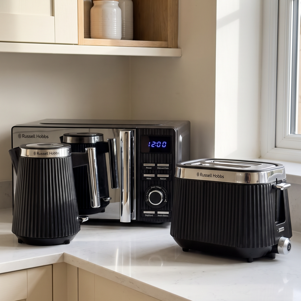 Russell Hobbs Russell Hobbs Brontë Kettle, 2 Slice Toaster & Digital Microwave Kitchen Set (Black)
