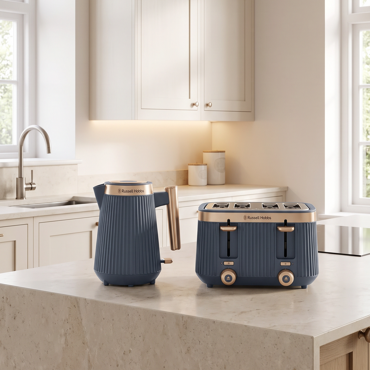 Russell Hobbs Russell Hobbs Brontë Kettle & 4 Slice Toaster Kitchen Set (Soft Navy)