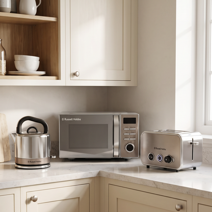 Russell Hobbs Russell Hobbs Distinctions Pyramid Kettle, 2 Slice Toaster & Microwave Kitchen Set (Titanium)