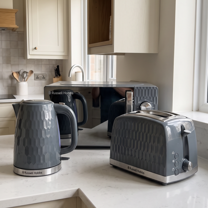Russell Hobbs Russell Hobbs Honeycomb Kettle, 2 Slice Toaster & Manual Microwave Kitchen Set (Grey)