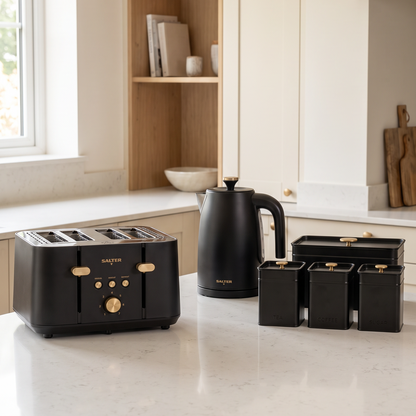 Salter Salter Alchemy Kettle, 4 Slice Toaster, Bread Bin & Canisters Kitchen Set (Black)