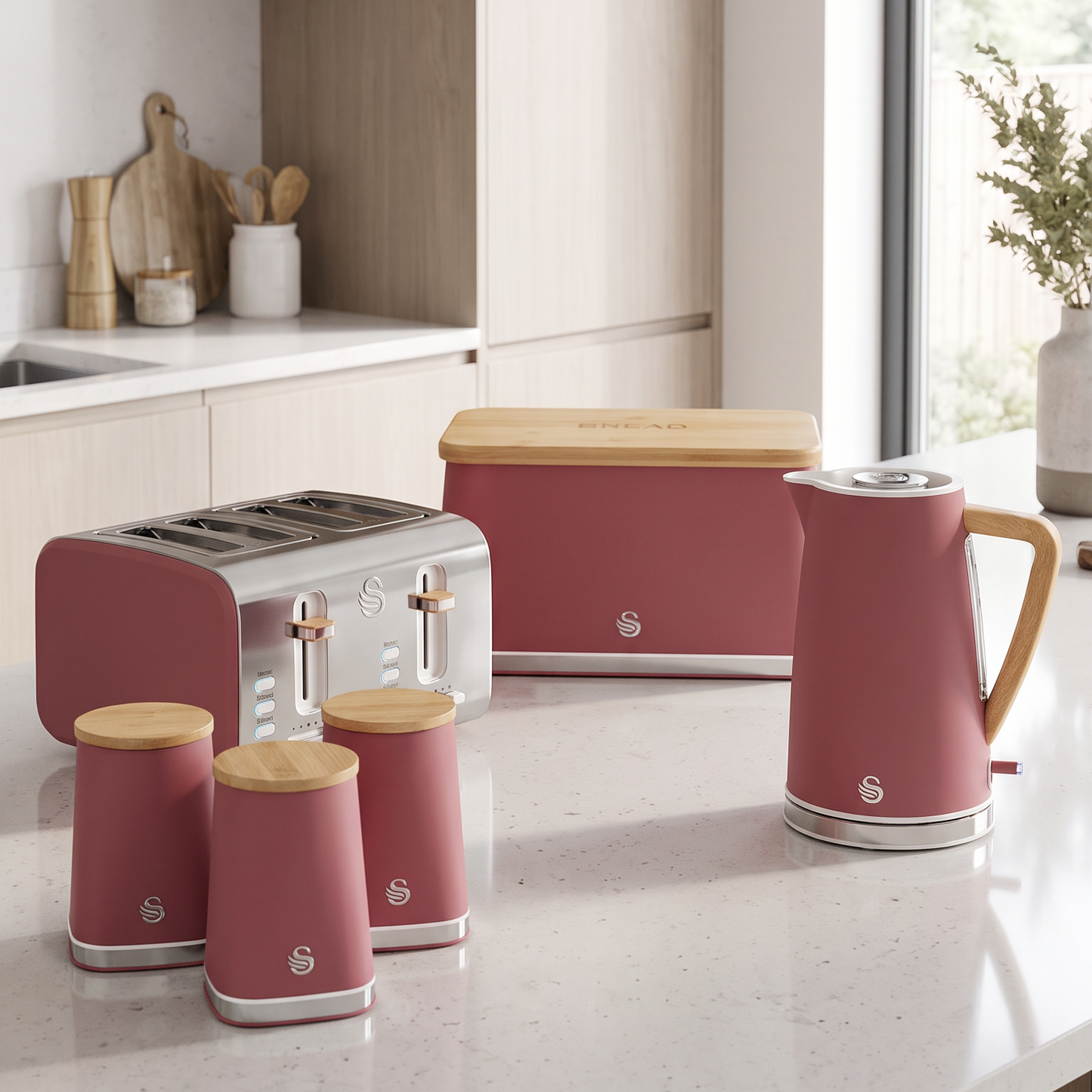 Swan Nordic Kettle, 4 Slice Toaster, Bread Bin & Canisters Kitchen Set (Fuchsia Rose)