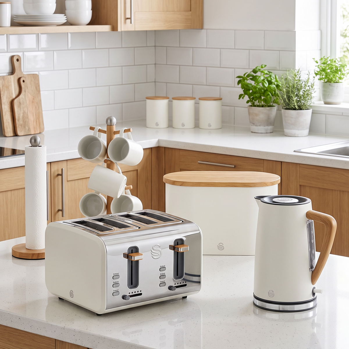 Swan Swan Nordic Kettle, 4 Slice Toaster, Bread Bin, Canisters & Towel Pole Set (Cotton White)