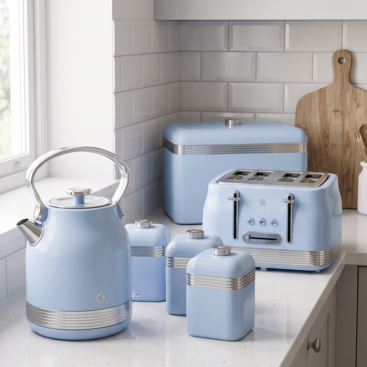 Swan Retro Pyramid Kettle, 4 Slice Toaster, Bread Bin & Canisters Kitchen Set (Blue)