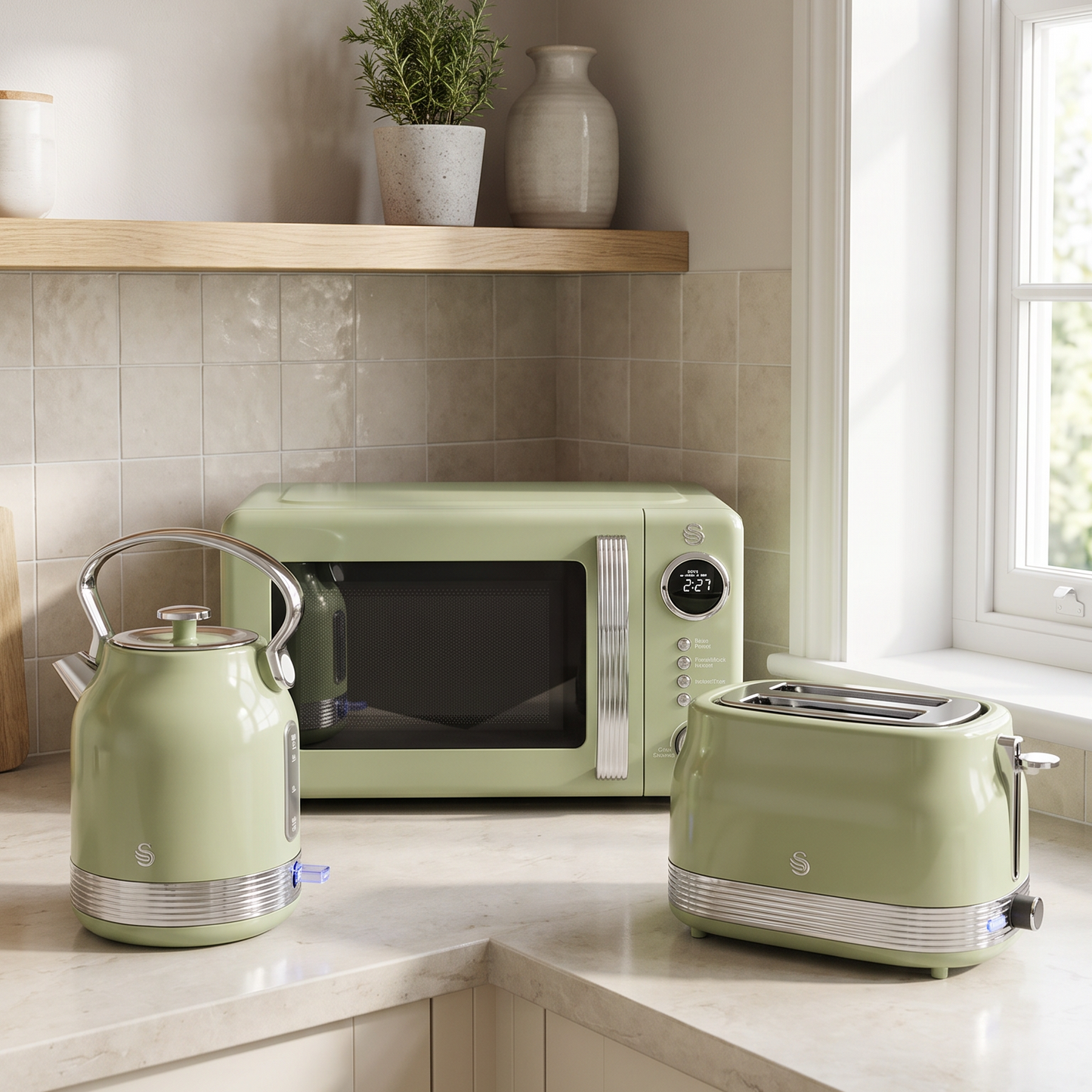 Swan Retro Pyramid Kettle, 2 Slice Toaster & Microwave Kitchen Set (Green)