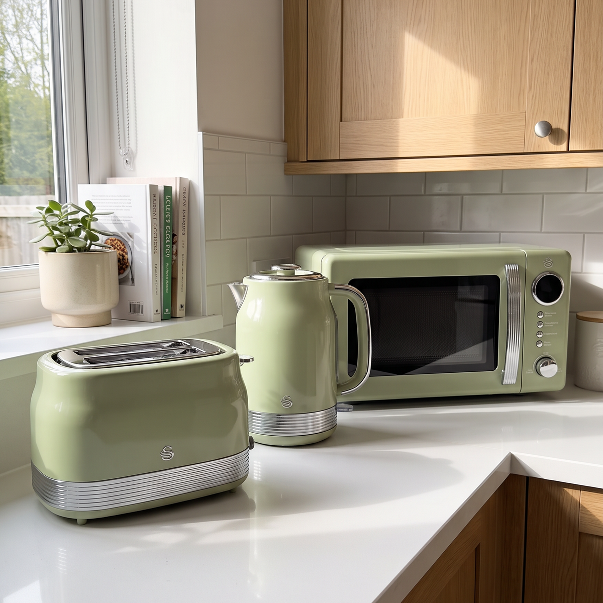 Swan Swan Retro Jug Kettle, 2 Slice Toaster & Microwave Kitchen Set (Green)