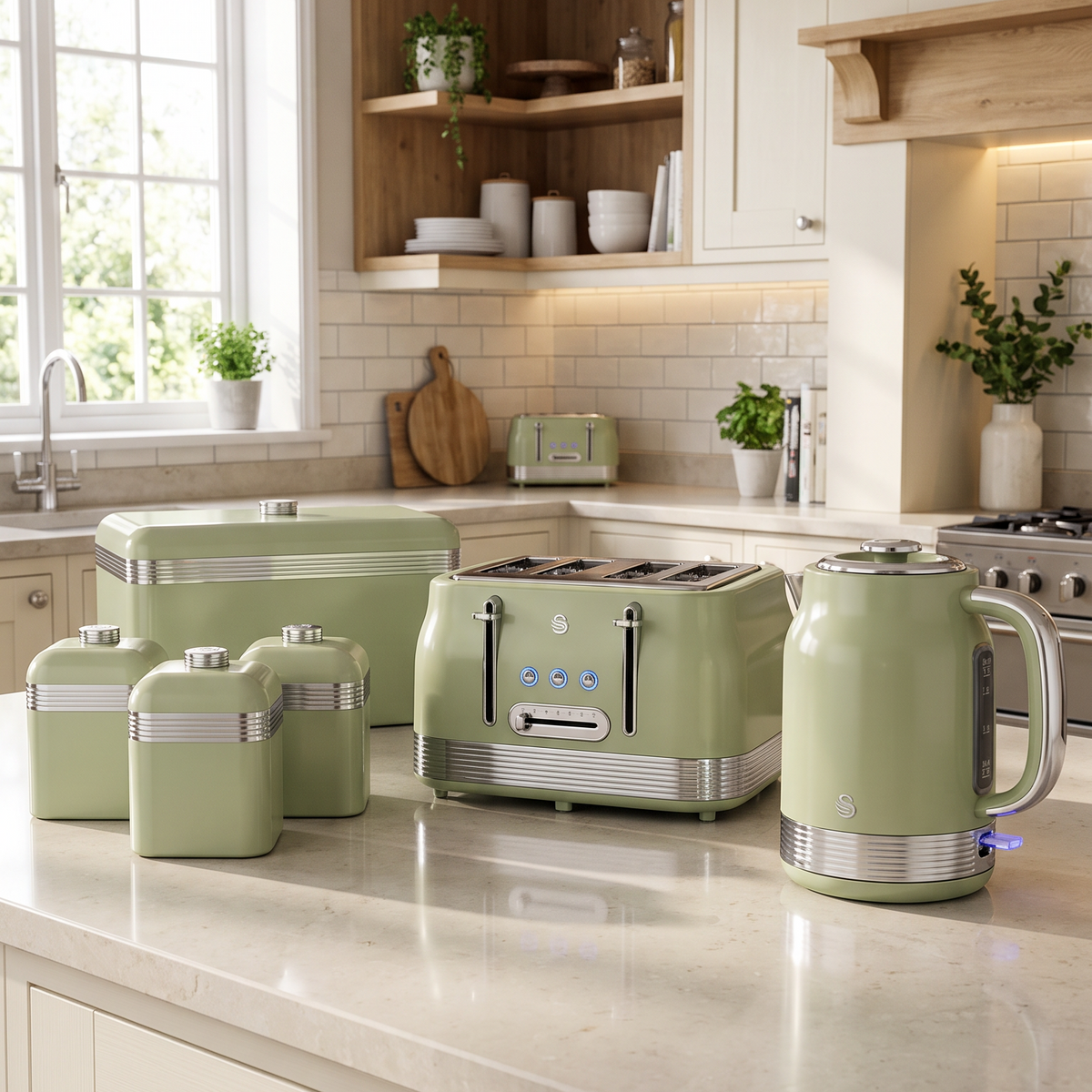 Swan Swan Retro Jug Kettle, 4 Slice Toaster, Bread Bin, Canisters Kitchen Set (Green)