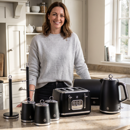 Swan Serenity Kettle, 4 Slice Toaster, Bread Bin, Canisters, Mug Tree & Towel Pole Kitchen Set (Black)