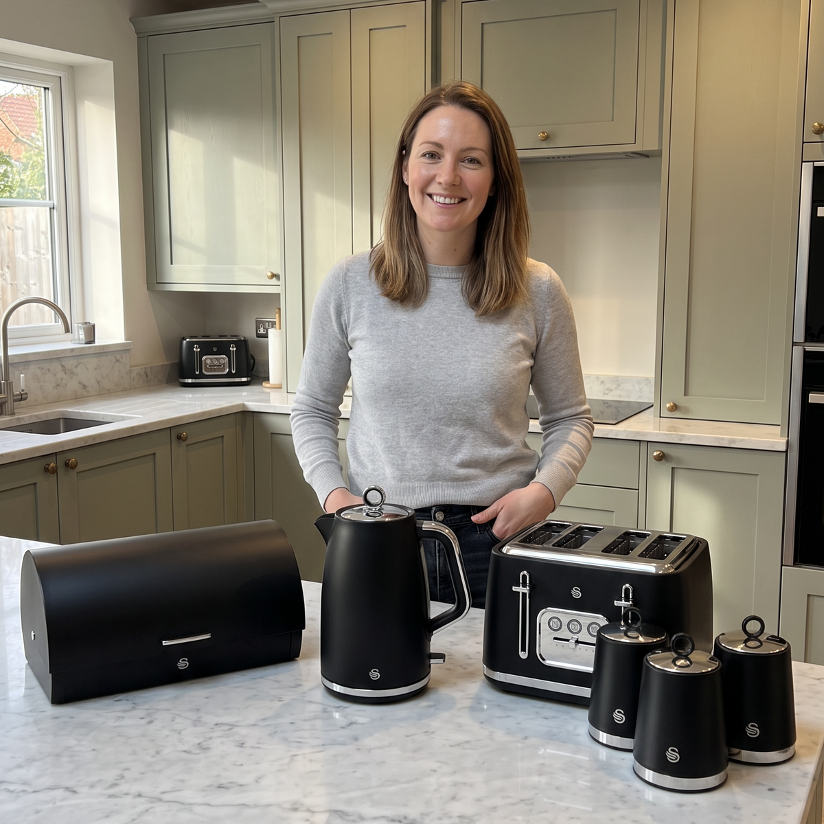 Swan Serenity Kettle, 4 Slice Toaster, Bread Bin & Canisters Kitchen Set (Black)