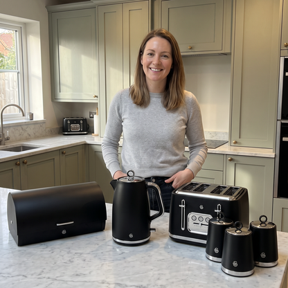 Swan Serenity Kettle, 4 Slice Toaster, Bread Bin & Canisters Kitchen Set (Black)