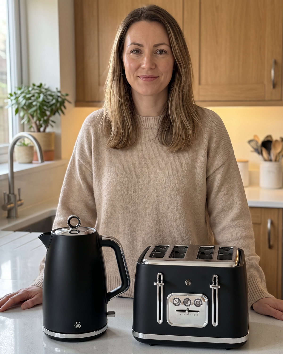 Swan Serenity Kettle & 4 Slice Toaster Kitchen Set (Black)