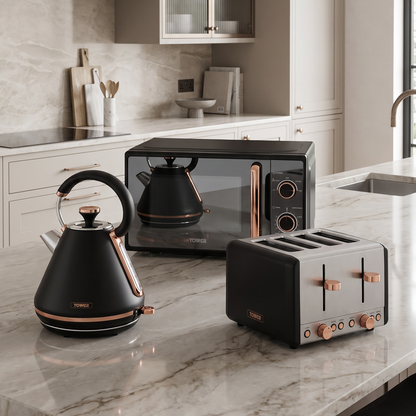 Tower Tower Cavaletto Pyramid Kettle, 4 Slice Toaster & Microwave Kitchen Set (Black)