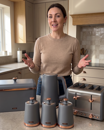 Tower Cavaletto Jug Kettle, 4 Slice Toaster, Bread Bin & Canisters Kitchen Set (Grey)