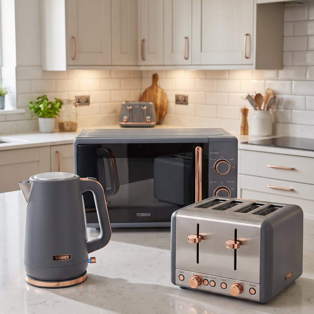 Swan Tower Cavaletto Jug Kettle, 4 Slice Toaster & Microwave Kitchen Set (Grey)