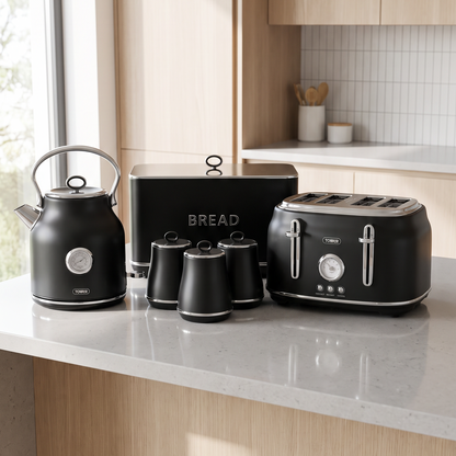 Tower Renaissance Kettle, 4 Slice Toaster, Bread Bin & Canisters Kitchen Set (Black)