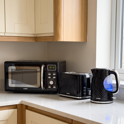 Tower Tower Sonar Kettle, 2 Slice Toaster & Microwave Kitchen Set (Black)