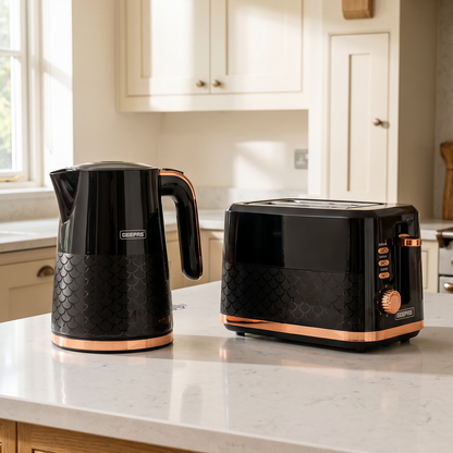 Geepas GEEPAS Aurora Kettle & 2 Slice Toaster Kitchen Set (Black & Rose Gold)