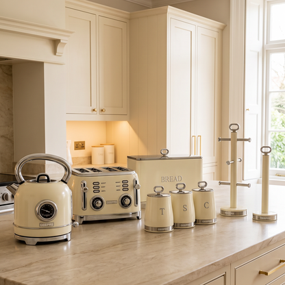Geepas GEEPAS Retrovive Kettle, 4 Slice Toaster, Bread Bin, Canisters, Mug Tree & Towel Pole Set (Cream)