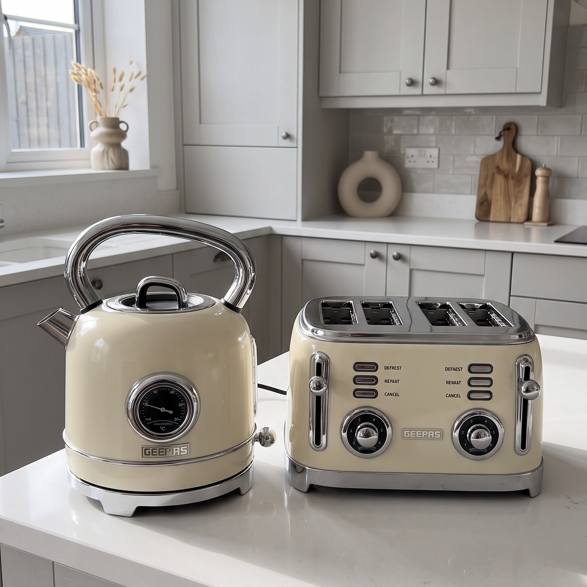 Geepas GEEPAS Retrovive Kettle & 4 Slice Toaster Kitchen Set (Cream)