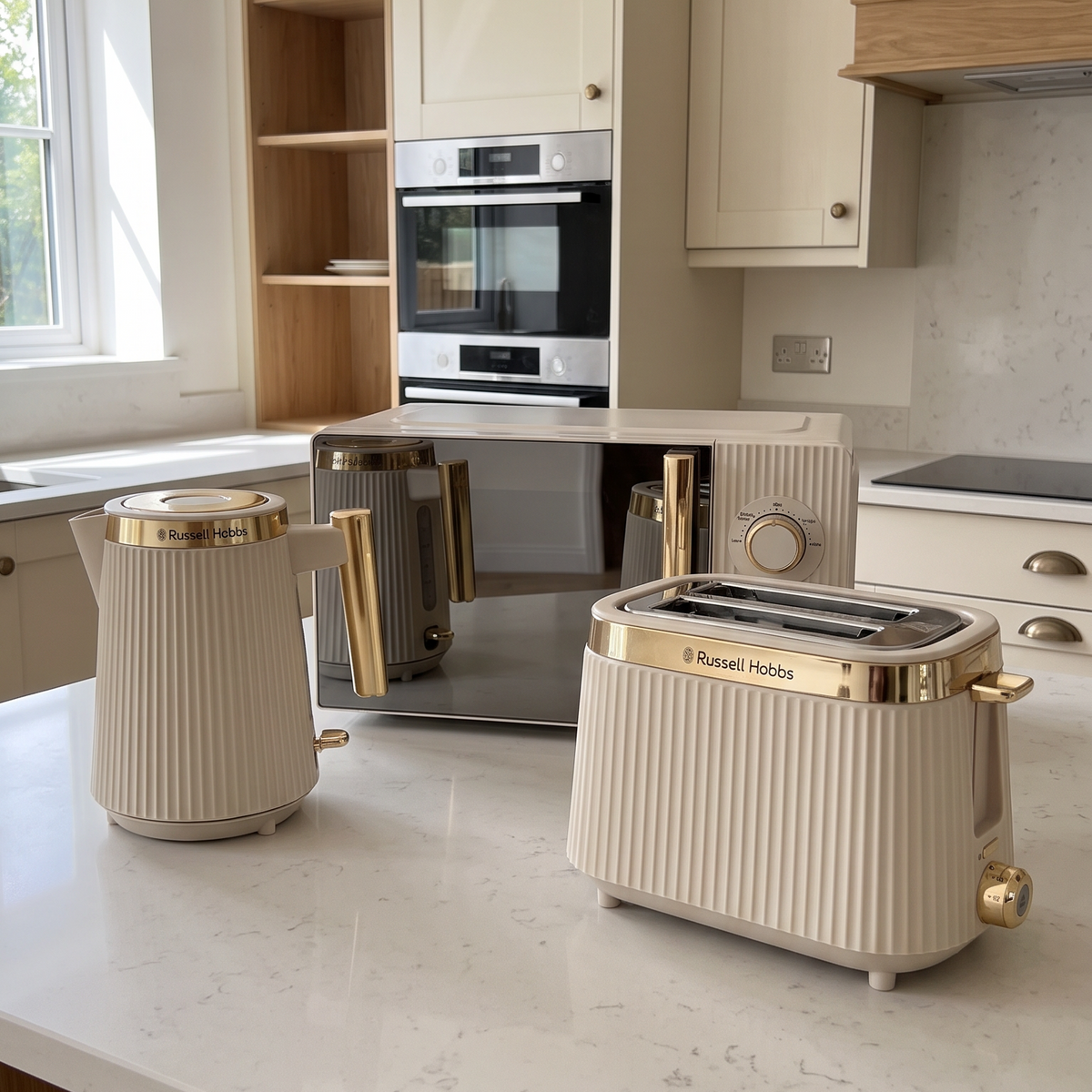 Russell Hobbs Russell Hobbs Brontë Kettle, 2 Slice Toaster & Manual Microwave Kitchen Set (Stone)
