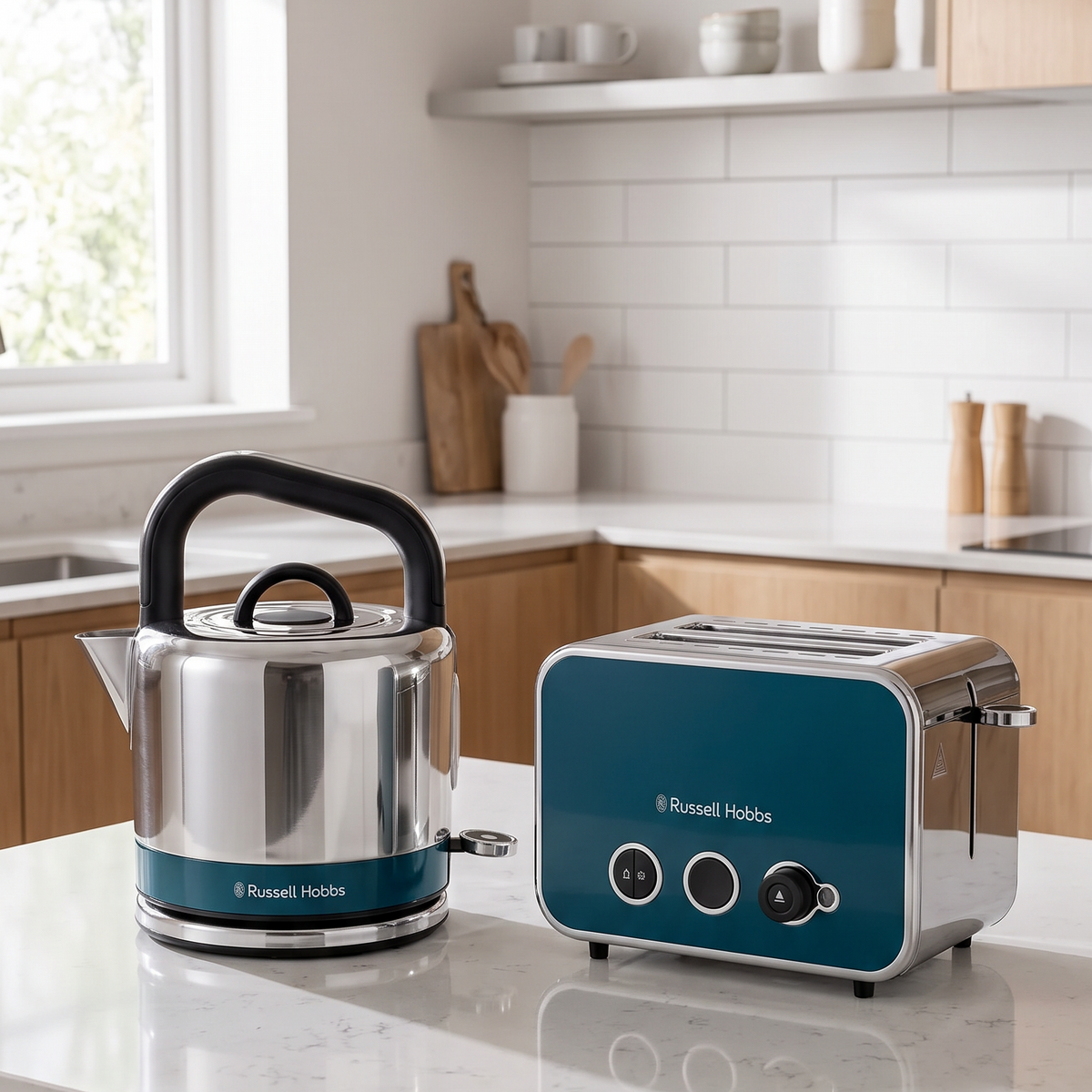 Russell Hobbs Russell Hobbs Distinctions Pyramid Kettle & 2 Slice Toaster Kitchen Set (Ocean Blue)