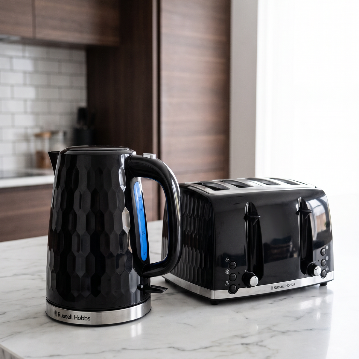 Russell Hobbs Honeycomb Kettle & 4 Slice Toaster Kitchen Set (Black)
