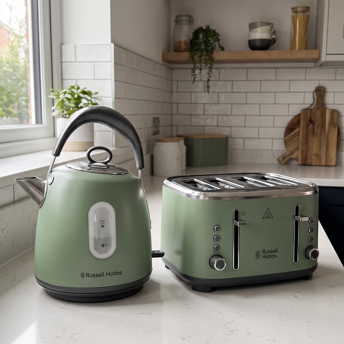 Russell Hobbs Stylevia Pyramid Kettle & 4 Slice Toaster Kitchen Set (Sage Green)
