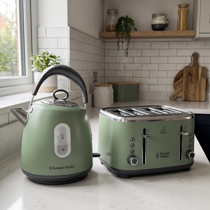 Russell Hobbs Stylevia Pyramid Kettle & 4 Slice Toaster Kitchen Set (Sage Green)