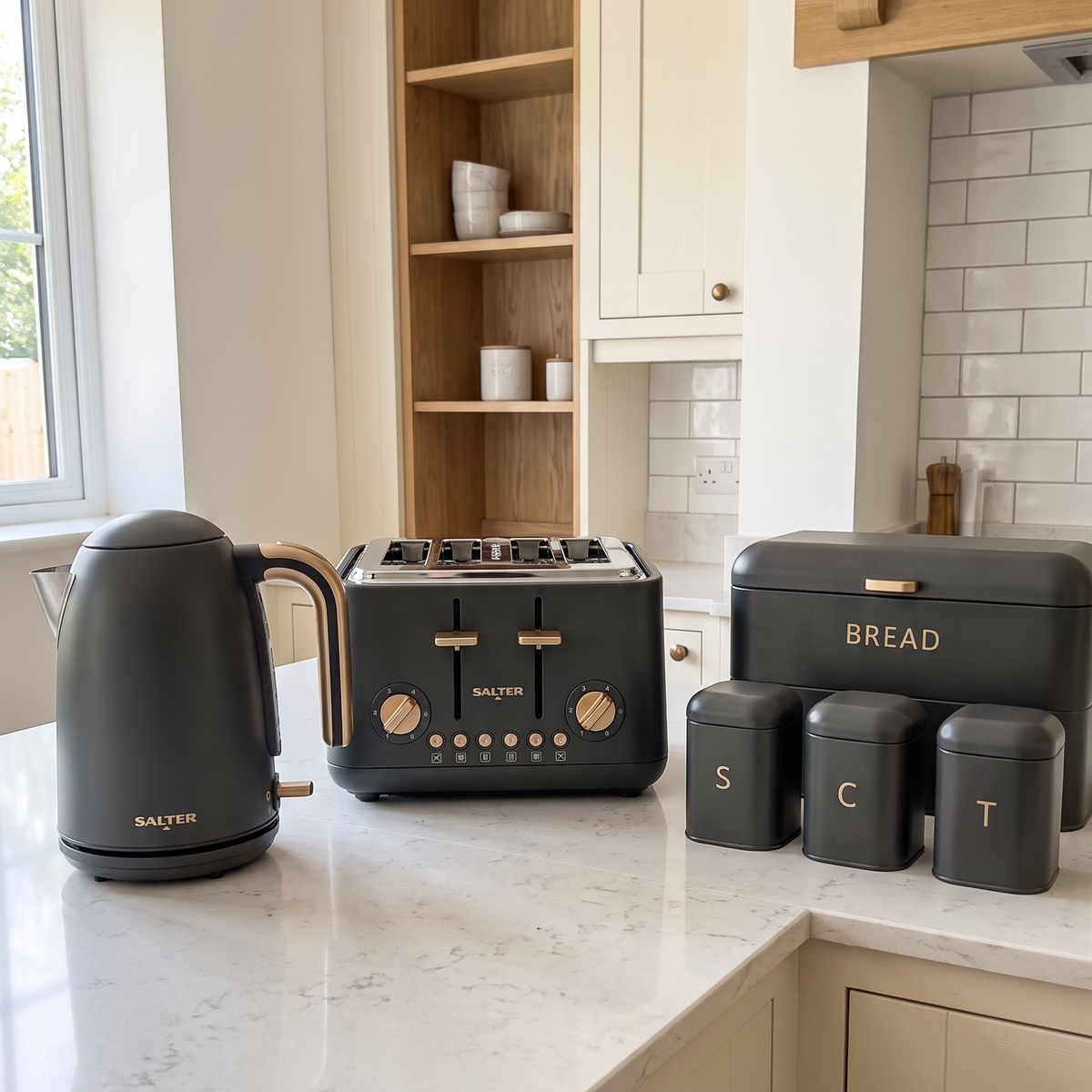 Salter Salter Pebble Kettle, 4 Slice Toaster, Bread Bin & Canisters Kitchen Set (Charcoal)