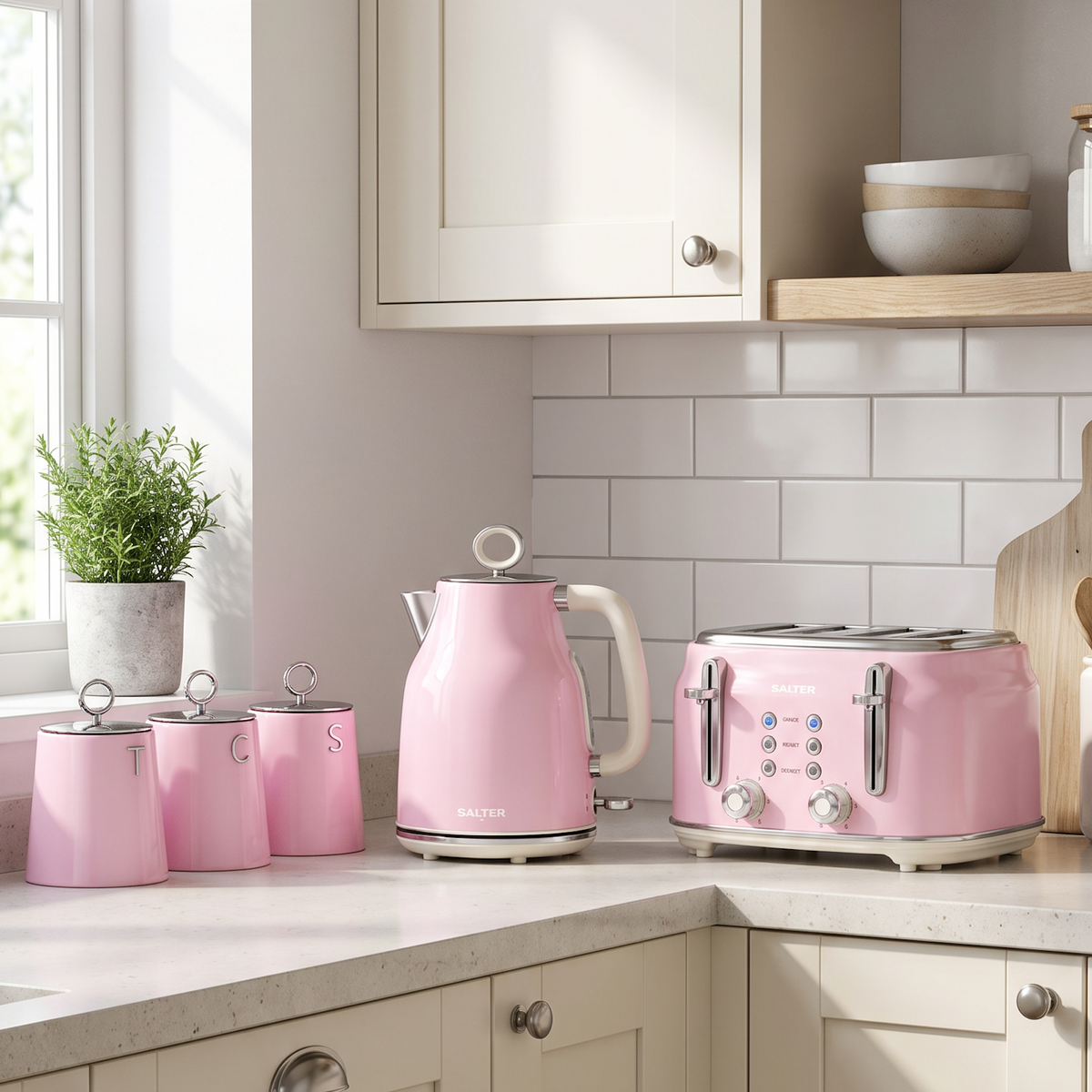 Salter Salter Retro Kettle, 4 Slice Toaster & Canisters Kitchen Set (Pink)