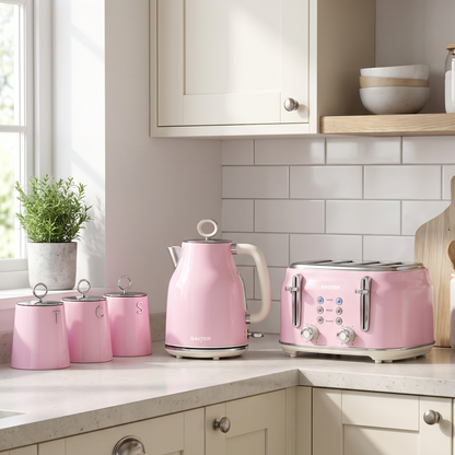 Salter Salter Retro Kettle, 4 Slice Toaster & Canisters Kitchen Set (Pink)