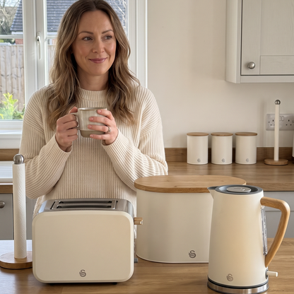 Swan Swan Nordic Kettle, 2 Slice Toaster, Bread Bin, Canisters & Towel Pole Set (Cotton White)