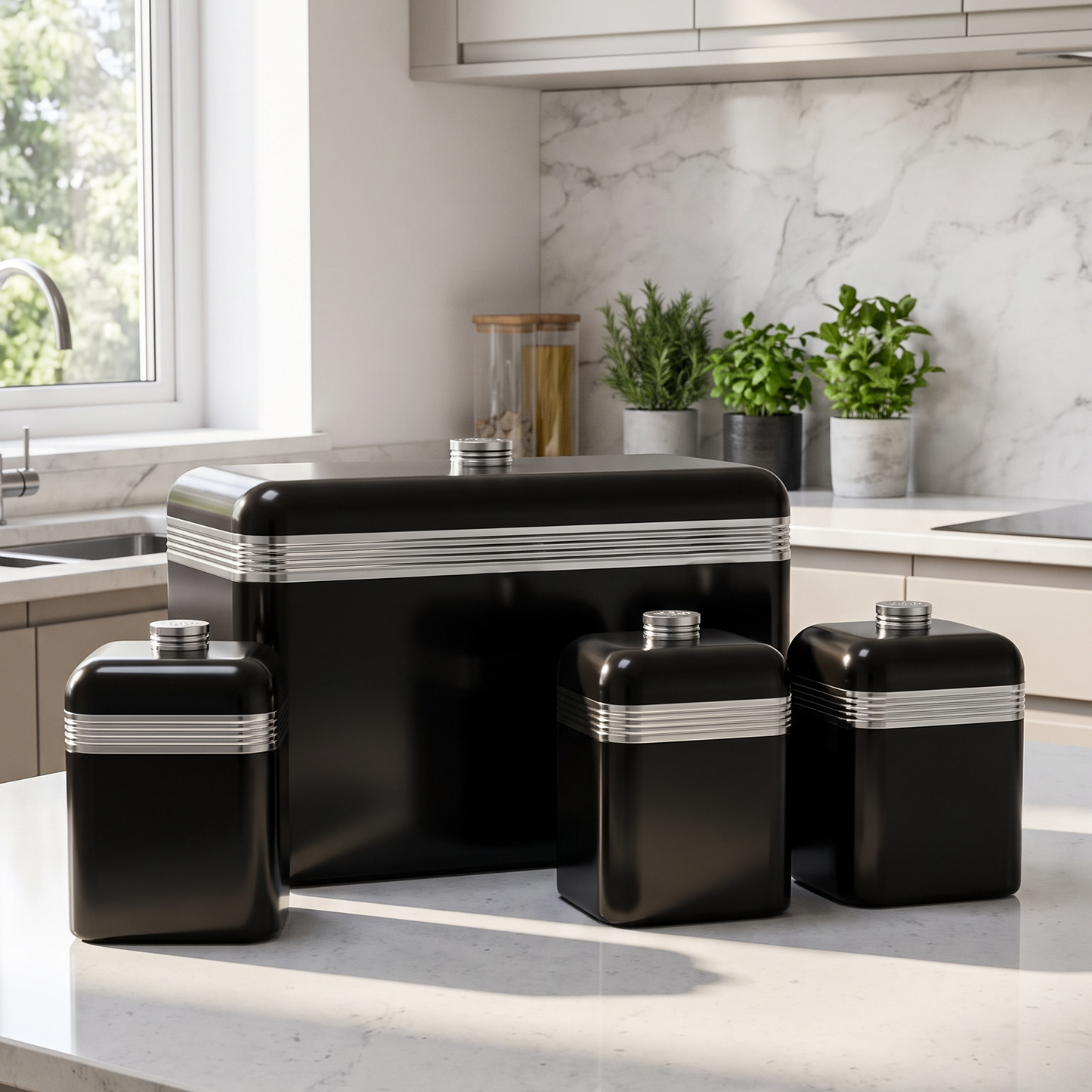Swan Retro Bread Bin & Canisters Kitchen Storage Set (Black)