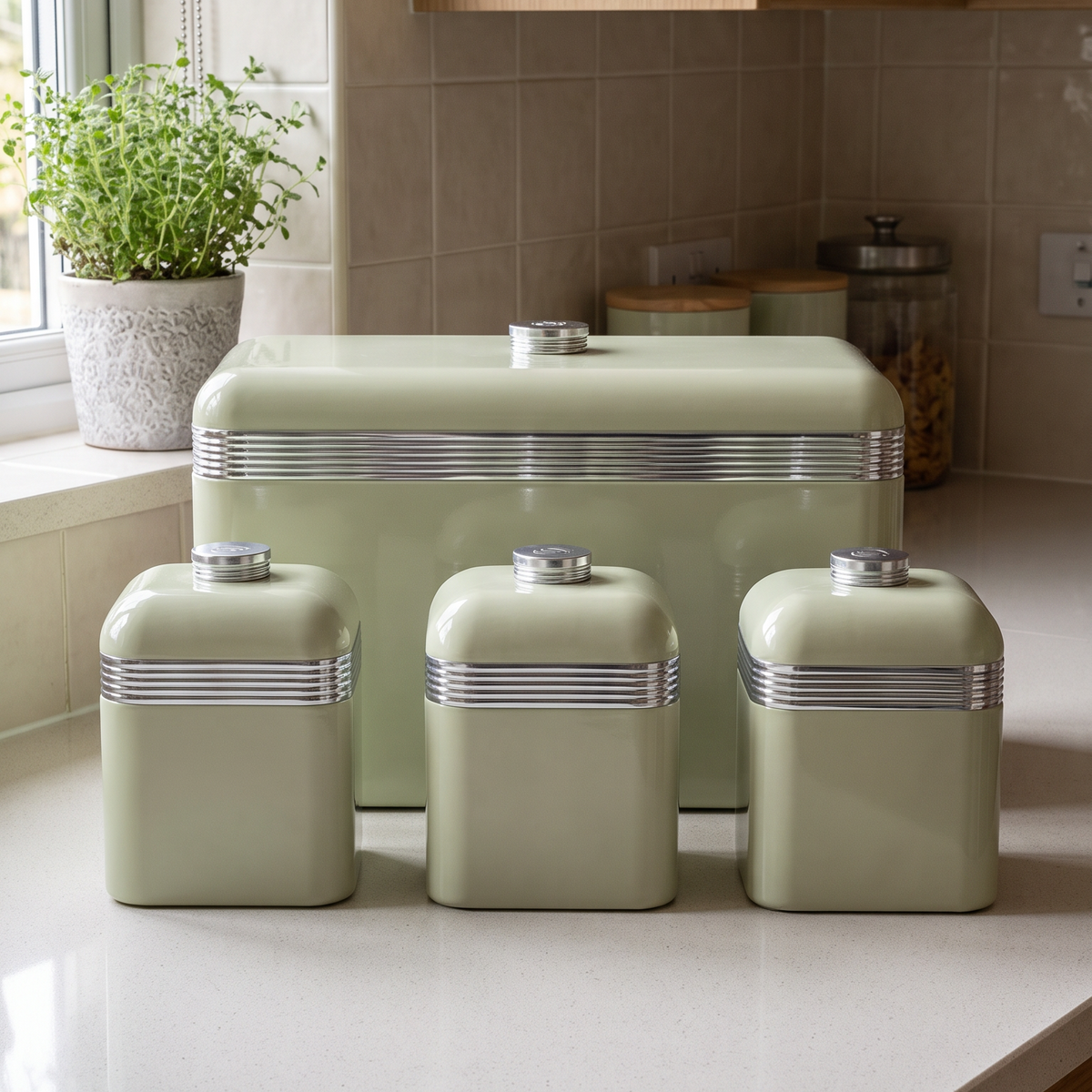 Swan Retro Bread Bin & Canisters Kitchen Storage Set (Green)