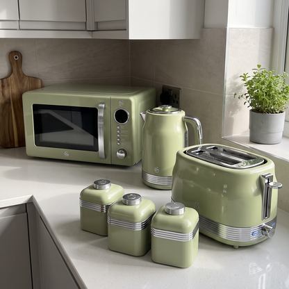 Swan Retro Jug Kettle, 2 Slice Toaster, Canisters & Microwave Kitchen Set (Green)