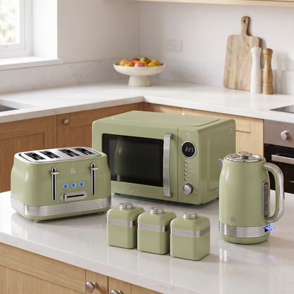 Swan Retro Jug Kettle, 4 Slice Toaster, Canisters & Microwave Kitchen Set (Green)