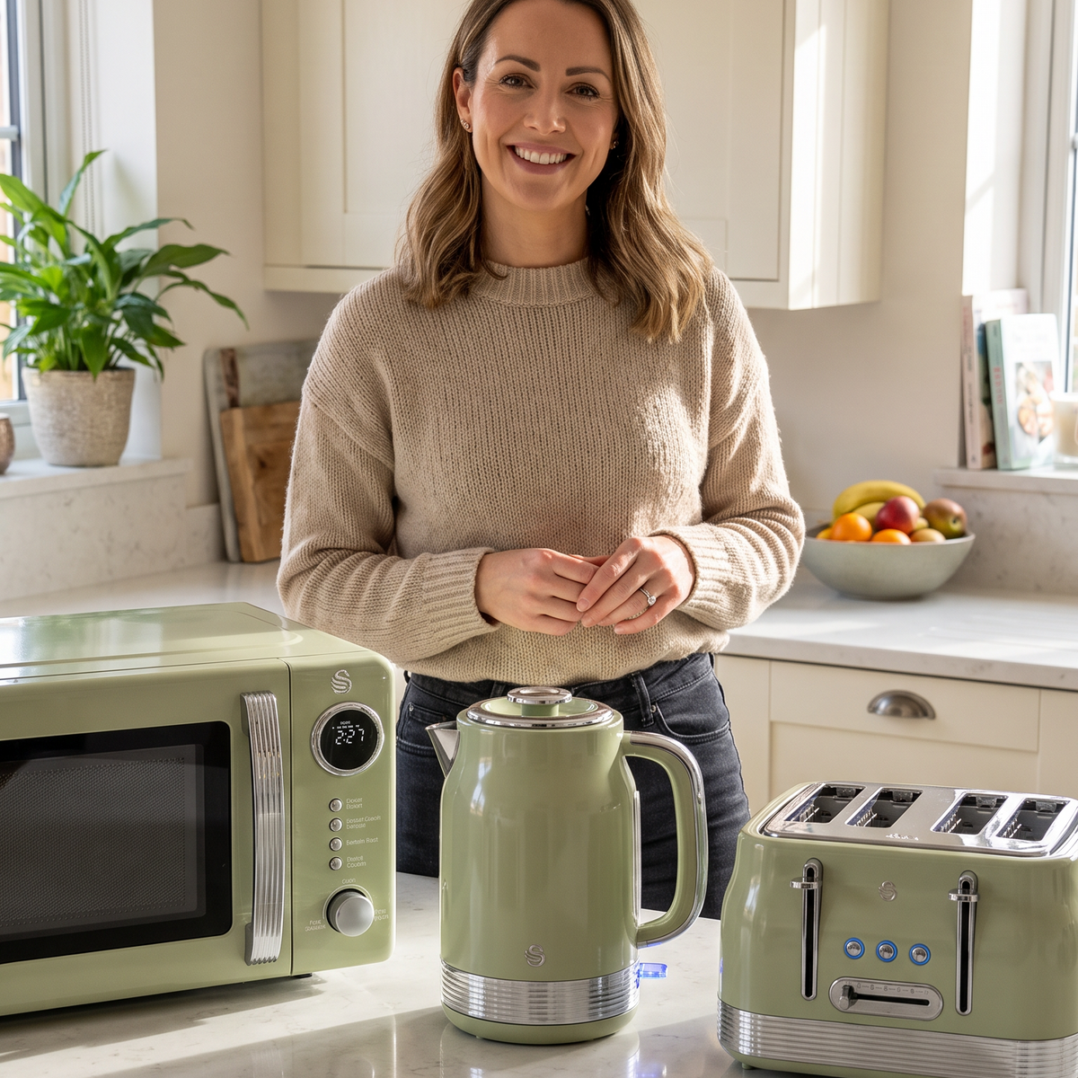 Swan Swan Retro Jug Kettle, 4 Slice Toaster & Microwave Kitchen Set (Green)