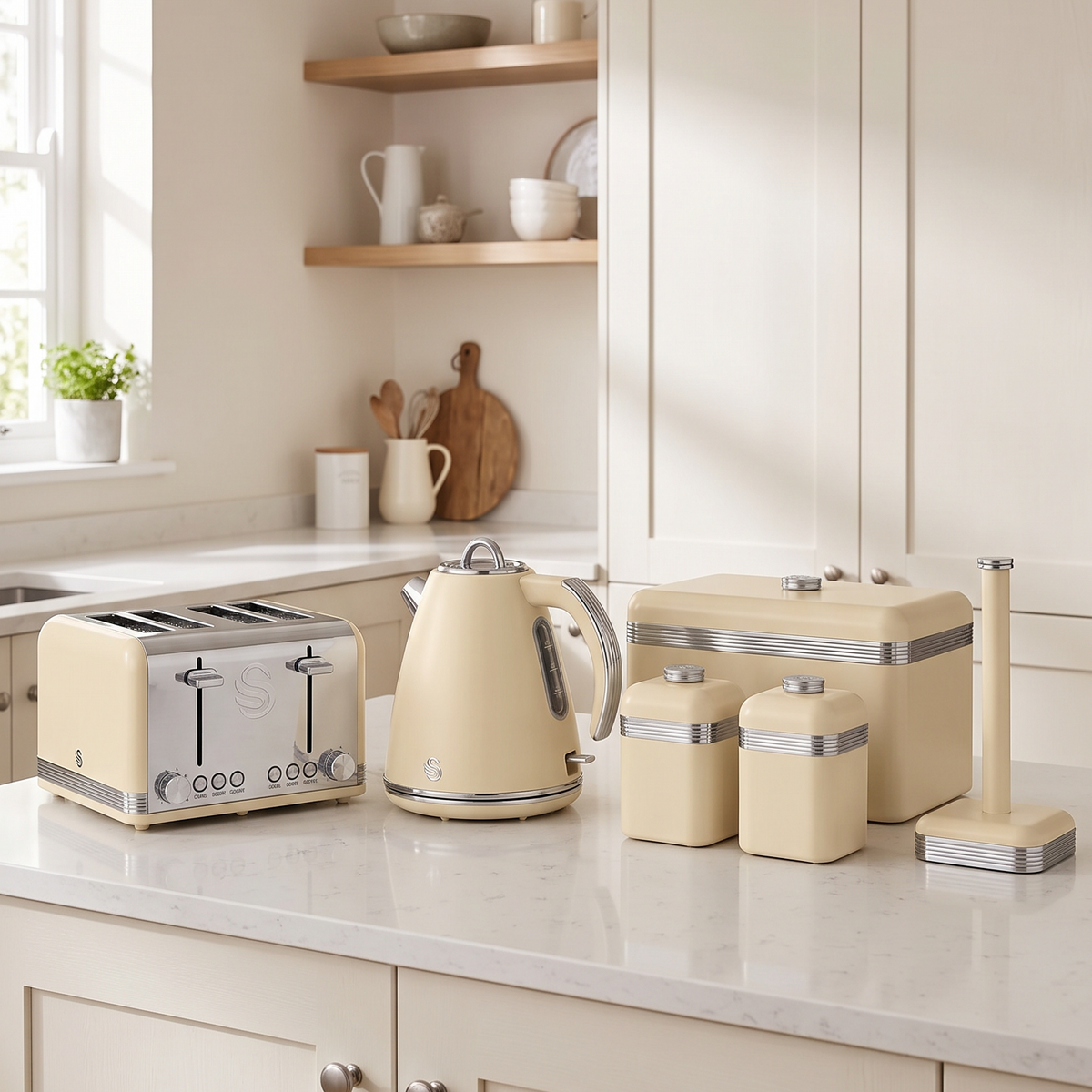 Swan Swan Retro Kettle, 4 Slice Toaster, Bread Bin, Canisters & Towel Pole Set (Cream)