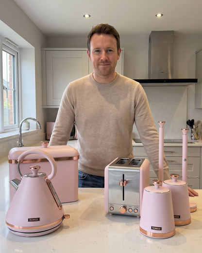 Tower Cavaletto Pyramid Kettle, 2 Slice Toaster, Bread Bin & Canisters Kitchen Set (Marshmallow Pink)