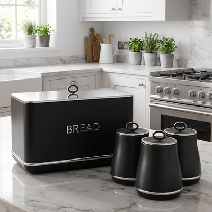 Tower Renaissance Bread Bin & Canisters Kitchen Storage Set (Black)