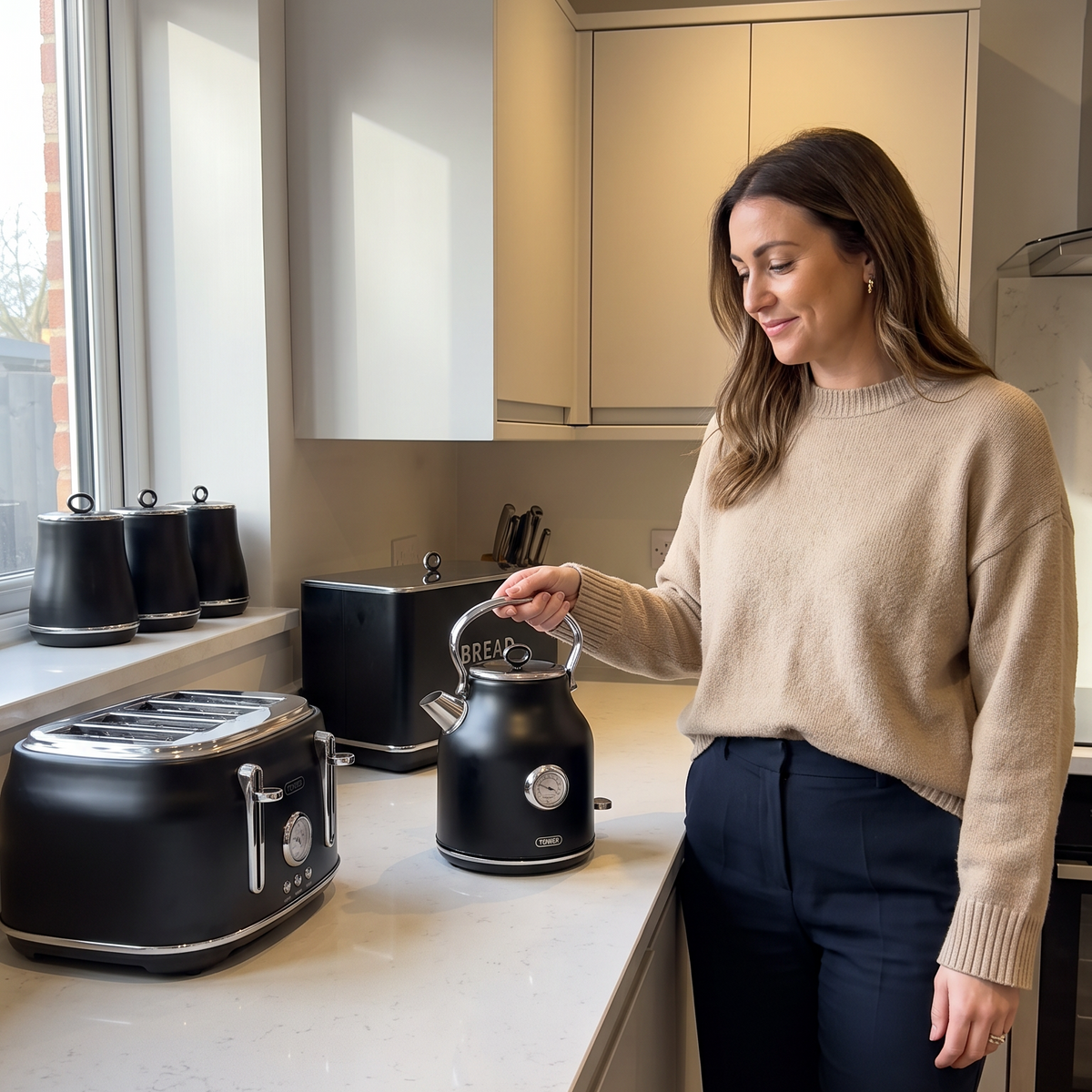 Tower Renaissance Kettle, 4 Slice Toaster, Bread Bin & Canisters Kitchen Set (Black)